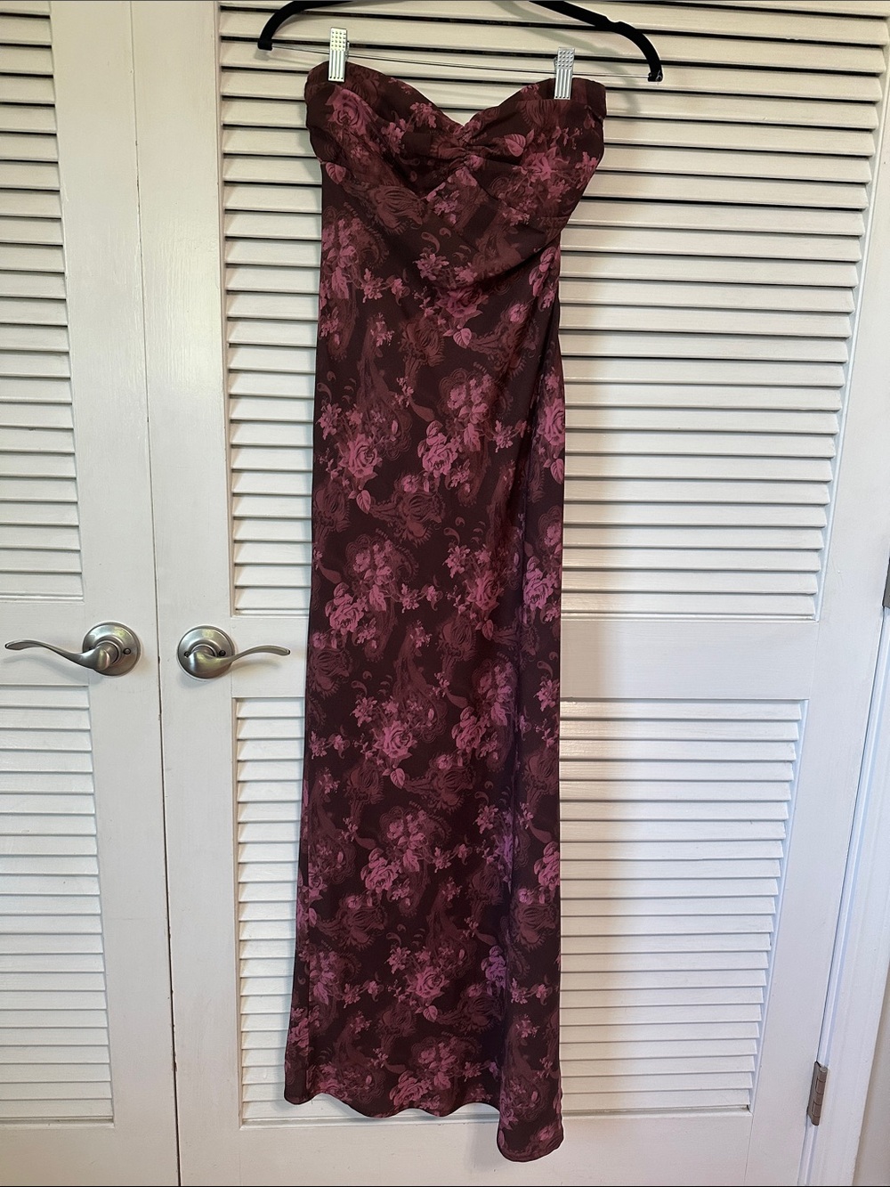 Princess Polly Strapless Floral Maxi Dress in Wine and Pink